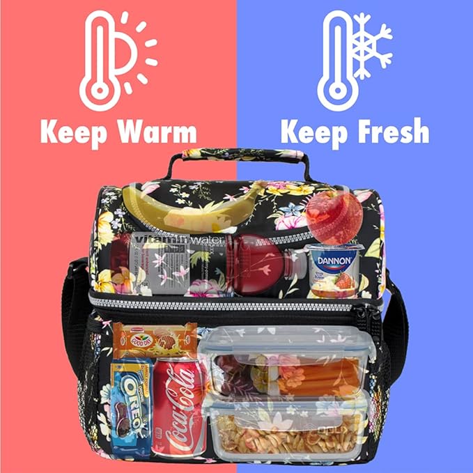 OPUX Lunch Box For Women, Insulated Large Lunch Bag Adult Work, Double Decker Lunchbox Meal Prep, Dual Compartment Leakproof Lunch Cooler, Soft Lunch Pail Tote for Girls Kids School, Floral Black 12L