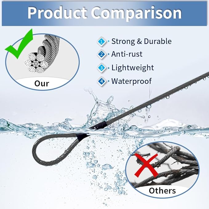 3.3mm (1/8 Inch) Outdoor Travel Stainless Steel Security Cable-20ft Luggage Lock Safety Wire Flexible Steel Wire Rope with Double Loop Safety for Luggage, Bike, Lock (Black, 20ft-(1Pack)