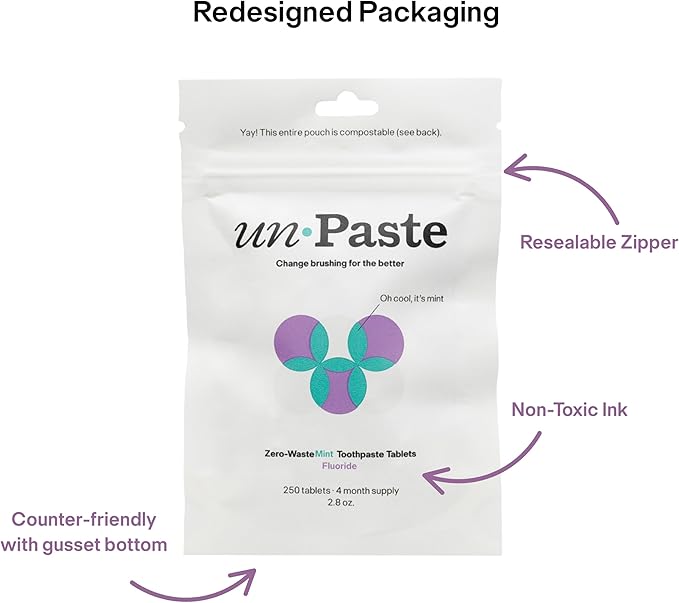 Unpaste Toothpaste Tablets, New Formula, Fluoride Mint, Xylitol Free, Vegan, Plastic Free, Travel-Friendly, Resealable Packet, 250ct, 4 Month Supply