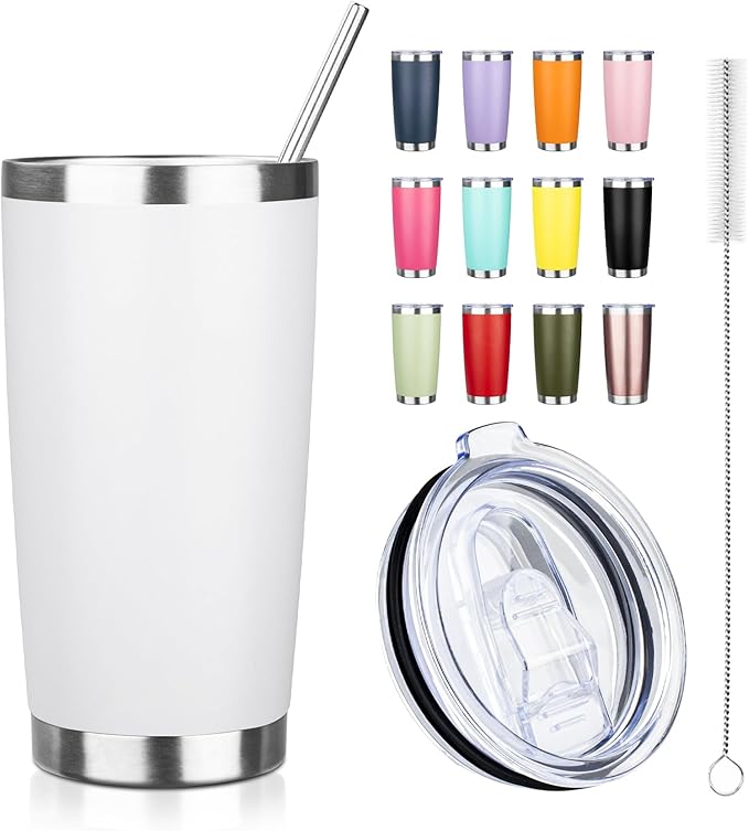 20oz Tumbler with Straw and Brush, Stainless Steel Vacuum Insulated tumbler, Double Wall Insulated Coffee Tumbler for Outdoor, Home, Travel,Office (White,1pcs)