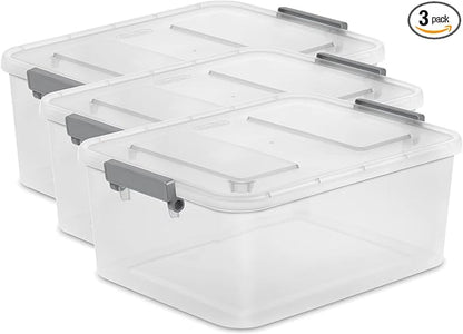 (3 Pack) 12.7 Quart Clear Plastic Modular Storage Containers with Write-On Label Latches - Gray Stackable Organizer Boxes for Home, Office, Closet, Garage & Pantry Organization