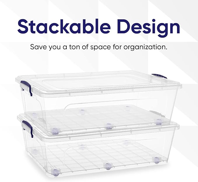 Superio Storage Bins with Lids- Clear Boxes for Organizing, Stackable Plastic Containers- BPA Free, Non-Toxic, Odor Free, Organizer for Home, Office, Dorm (6 Pack, 42 Qt (Under Bed-Wheeled))