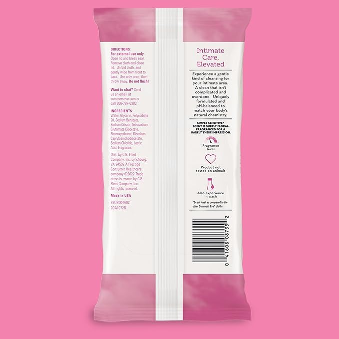 Summer's Eve Simply Sensitive Daily Gentle Feminine Wipes, Removes Odor, pH balanced, 32 count, 4 Pack