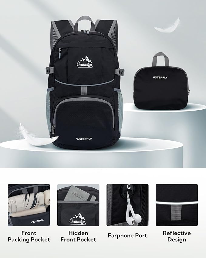 WATERFLY Hiking Foldable Daypack Backpack: 25L Ultra Lightweight Packable Waterproof Outdoor Travel Day Pack for Woman Man