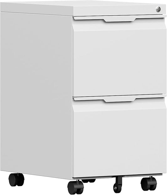 File Cabinet 2 Drawers on Wheels Under Desk,Locking Filing Cabinets for Home Office,Metal Vertical Files Drawers,Small Rolling Cabinet Printer Stand for Legal/Letter/A4( Assembly Required-White)