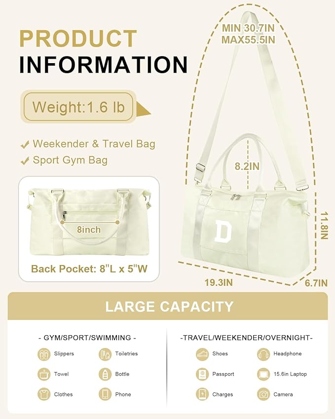 Initial Travel Duffel Bag Sports Gym Bag for Kids Teen Birthday Gifts,Beige Personalized Weekender Bag Carry On Dance Bags for Women Men,Waterproof Monogram Overnight Bag with Trolley Sleeve(Letter D)