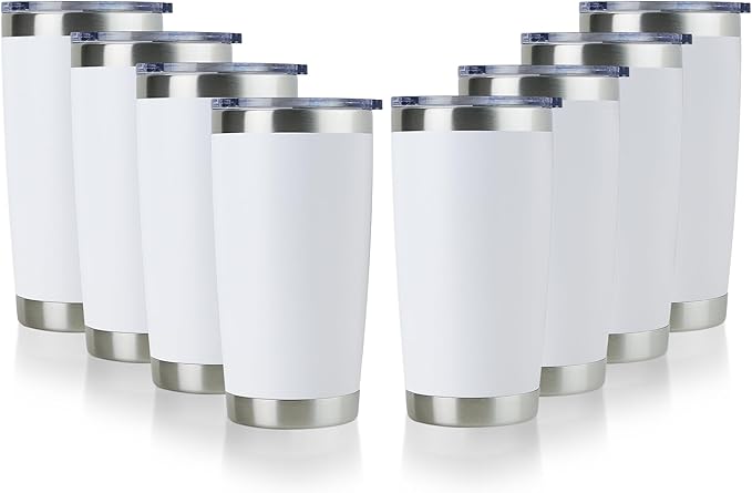 DOMICARE 20oz Stainless Steel Tumbler Bulk with Lid, Double Wall Vacuum Insulated Travel Mug, Powder Coated Coffee Cup, Powder White, 8 Pack