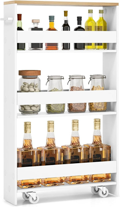 LOKO Slim Storage Cart, 4-Tier Rolling Cart with Handle & Wooden Top for Kitchen Bathroom Laundry Living Room Narrow Small Spaces, 5 Inches Width (White & Natural)