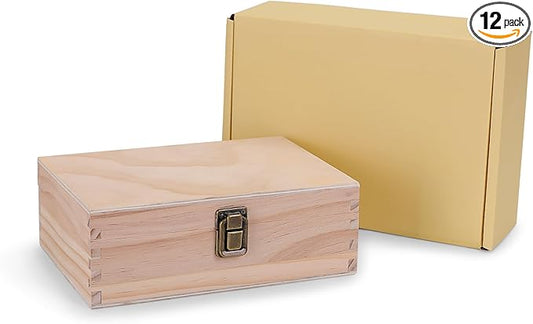 makerflo Large Natural Pine Wood Memory Box with Black Felt Inside, Hinged with Clasp, Keepsake Wooden Box Ideal for Craft and Personalization (Laser Engraving, Epoxy, UV DTF, and Vinyl) – Pack of 12