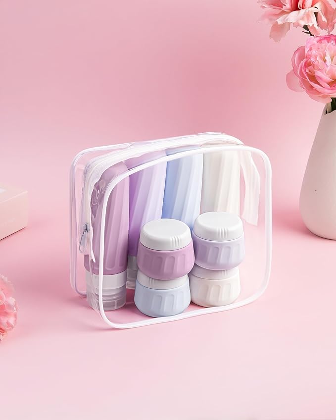 Travel Bottles for Toiletries 8 Pack, Travel Size Toiletries, Tsa Approved Travel Size Containers 3oz, with Travel Essentials Clear Bag, Leak Proof Silicone Squeezable Creams Jars