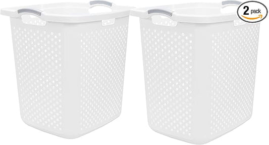 (2-Pack), 2.5 Bushel Plastic Dirty Laundry Basket, White, With two Handles.Ideal for Families, Apartments, and Dormitory Rooms。