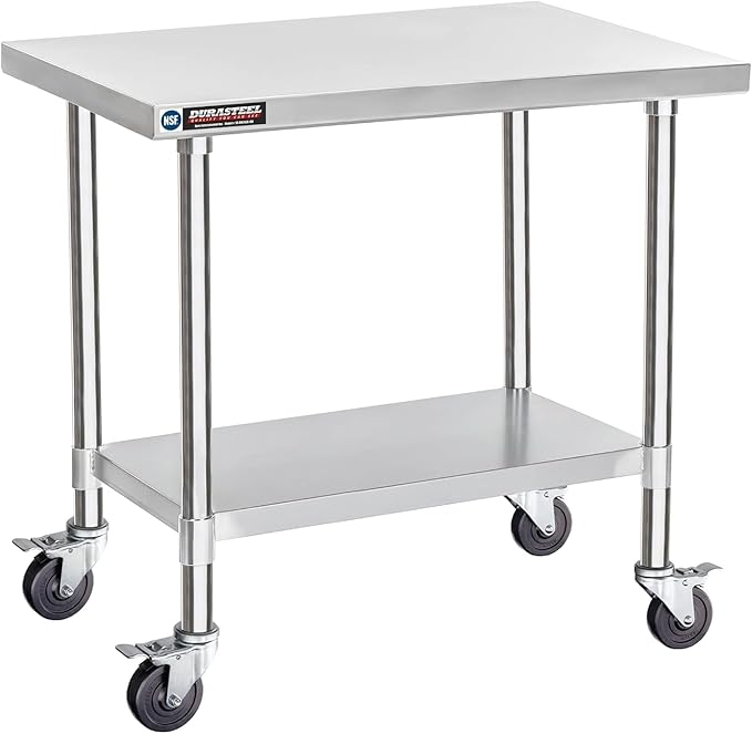 DuraSteel 24x36 NSF Stainless Steel Cart - Heavy Duty Rolling Food Prep Table with Undershelf - Metal Utility Cart for Commercial Restaurant Kitchen, Laundry, Outdoor Portable BBQ Grill