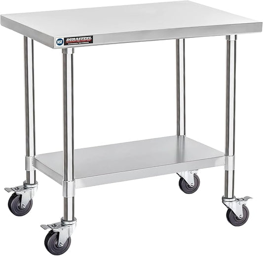 DuraSteel 24x36 NSF Stainless Steel Cart - Heavy Duty Rolling Food Prep Table with Undershelf - Metal Utility Cart for Commercial Restaurant Kitchen, Laundry, Outdoor Portable BBQ Grill