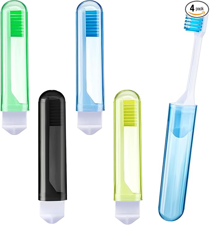 Patelai 4 Pcs Travel Toothbrush Set, Soft Bristle Mini Foldable Tooth Brush with Case, Individually Wrapped Small Portable Travel Size Toiletries Stuff for Camping (Fresh Color)