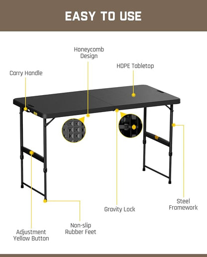 FanttikOutdoor 4ft Portable Folding Table, One-Handed Height Adjustment, 4 Heights, Gravity Lock, Carry Handle, Indoor Outdoor Heavy Duty Fold-in-Half Utility Table, Party, 1 Pack, Black Zeta X4 Pro