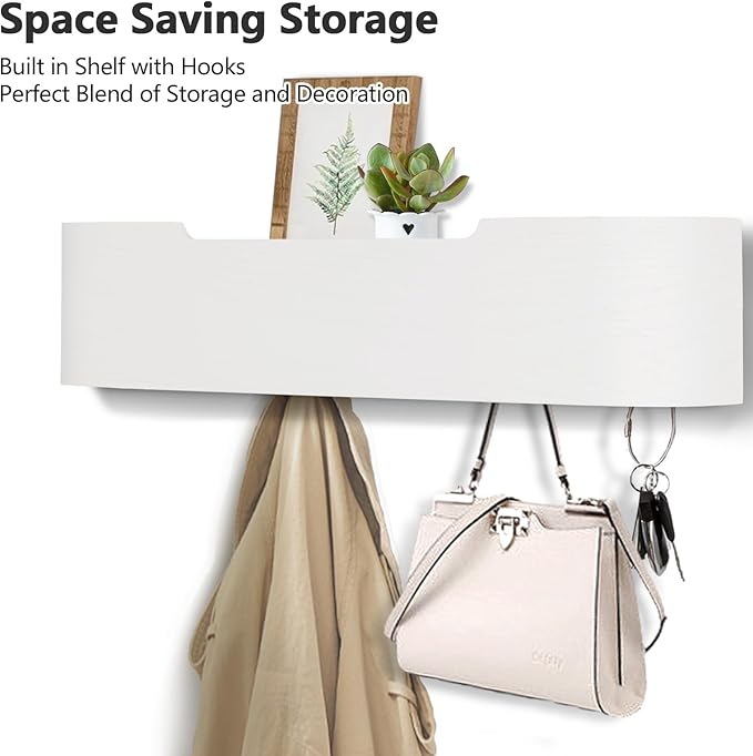 Coat Rack Wall Mount with Hidden Hooks Modern Key Holder Wood Entryway Hook with Shelf for Bedroom Kitchen Hallway Bathroom Designed for Hanging Coats Hats Bags Towels Dog Leashe(White,5 Hooks)