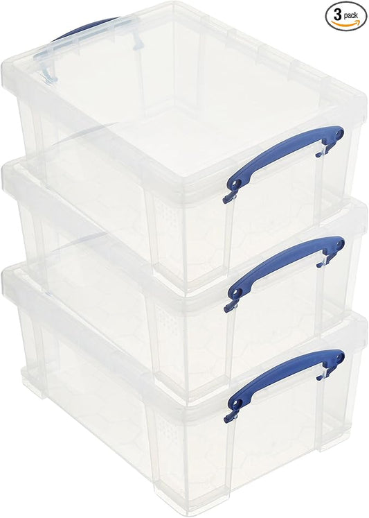 Really Useful Box Stackable 9 Liter Plastic Storage Container Bin with Snap Lid and Built-In Clip Lock Handles for Home & Office Organization (3 Pack)