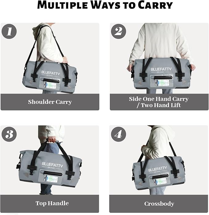 Waterproof Motorcycle Duffel Bag Roll Top Dry Duffel Bag with Quick-fixed Straps for Rafting, Boating, Kayaking, Travel, 50L(Grey)