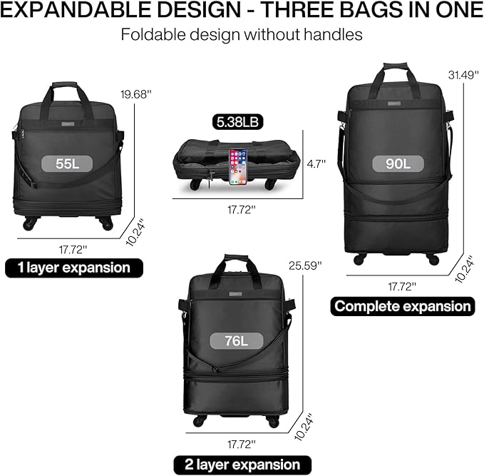 Hanke Suitcases with Wheels Expandable Foldable Luggage Bag Suitcase Collapsible Rolling Travel Bag Duffel Bag for Men Women Lightweight Suitcases without Telescoping Handle, Black