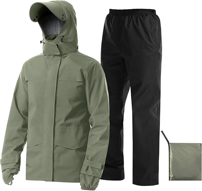 iCreek Rain Suit Waterproof Jacket with Pants 2 Pieces Breathable Lightweight Packable Raincoat with Hooded Rain Gear Unisex