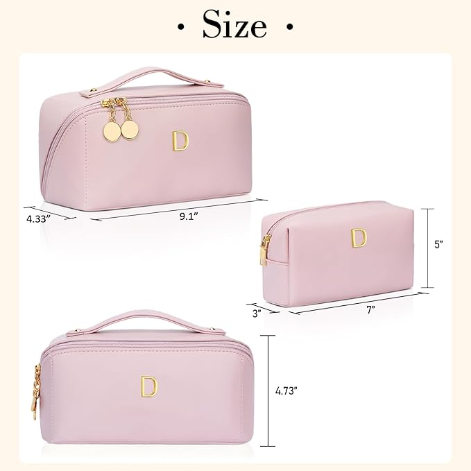 Birthday Gifts for Women Teen Girl, Personalized Initial Makeup Organizer Bag Set, Open Flat Travel Cosmetic Bag With Clear Divider and Handle(Pink,D)