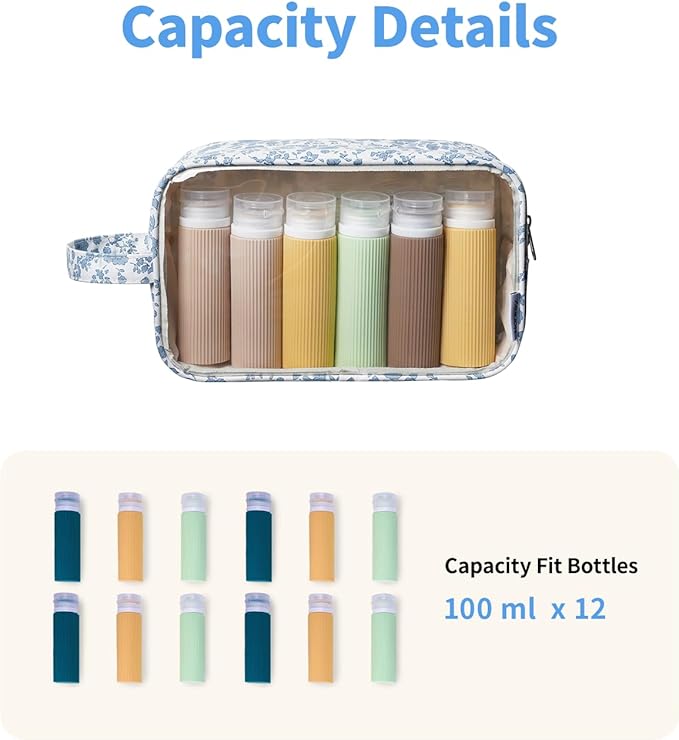 Narwey Clear Toiletry Bags for Traveling Women Men, Clear Travel Bags for Toiletries Makeup Bag Cosmetic Bag with Zipper, Make Up Organizer, Skincare Bag (Little Blue Flower)