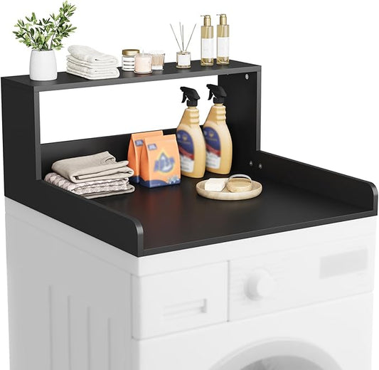 Washer Dryer Countertop with Shelf, 27.5" D x 27.5" W x 12.6" H, Sturdy Wood Frame, Countertop for Washer and Dryer, Non-Slip Pads & Edge Rails, Laundry Room Storage(Black)