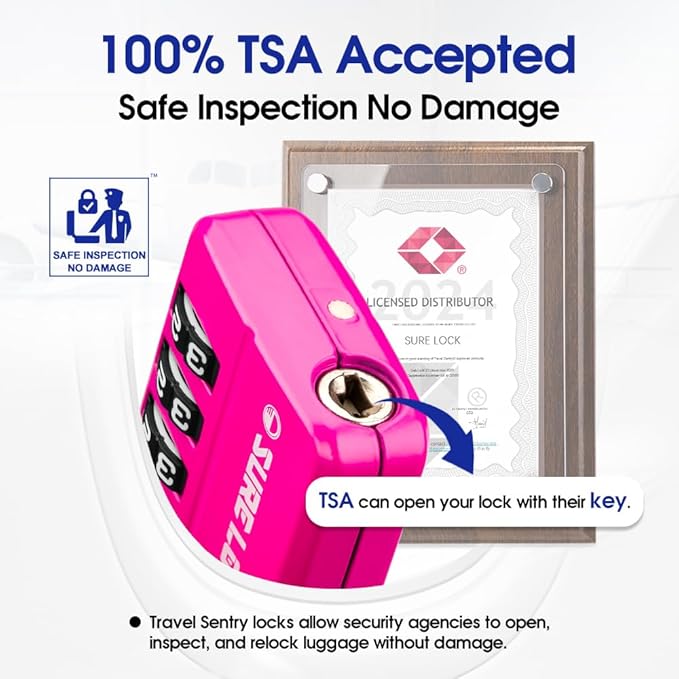 SURE LOCK TSA-Approved 4-Digit Resettable Combination Lock with Open Alert, Easy-Read Dials - for Luggage, School Lockers, Gym, Office, Toolbox & Security Cases (Pink 4 Pack)