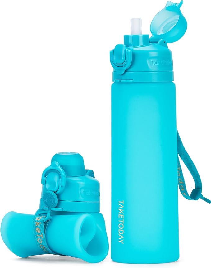 TakeToday Collapsible Water Bottles 20oz, Leak Proof, BPA-Free, Foldable Silicone Travel Water Bottle with Straw Strap for Cycling, Hiking, Outdoors