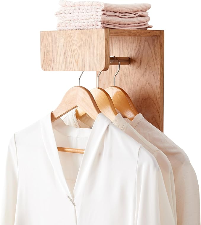 Oak Wood Coat Rack Wall Mount with 8 Inch Long Entryway Wall Shelf and 3 Hooks, Floating Shelf with Hooks for Bathroom, Hallway, Living Room