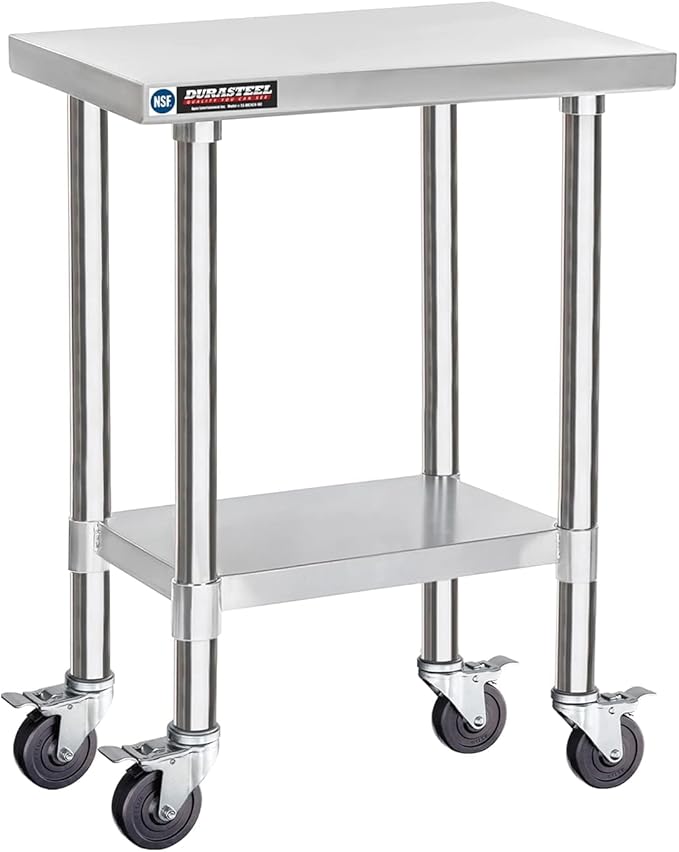 DuraSteel 24x18 NSF Stainless Steel Cart Work Table - Heavy Duty Rolling Food Prep Table - Metal Utility Cart on Wheels Caster, Grill Stand Microwave Outdoor Kitchen Tables Countertop Island Large Top