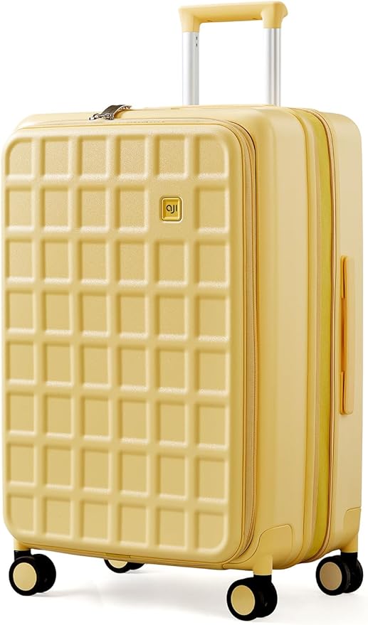 aji Expandable Top Opening 26 Inch Checked Luggage with Spinner Wheels, Large Suitcase with TSA Lock, Hard Shell Travel luggage Suitcases for Men Women, for 20+Days Travel, Cheese Yellow