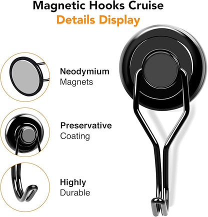 MIKEDE 120 LBS Black Magnetic Hooks, 6 Pack Swivel Swing Magnet Hooks Heavy Duty, Strong Neodymium Magnets Hanger for Hanging, Grill, Cruise Cabins - 32mm(1.26in) in Diameter