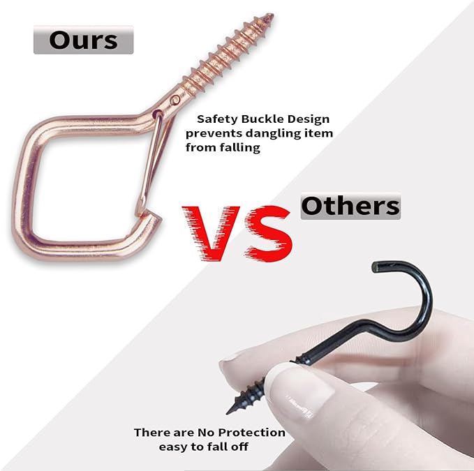 10PCS Eye Screw Hooks for Hanging Heavy Duty with Safety Buckle.Metal Ceiling Hooks for Hanging Plants,Cup,Wind Chime,Bird Feeders,christmas String Lights at Indoor&Outdoor,2.36 Inch(No Drill Bit)