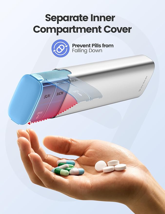 Vaydeer 7 Day Weekly Pill Organizer (Support 2 Times a Day), Metal Travel Pill Case, Large Capacity Daily Cute Pill Box for Supplements, Pills, Vitamins and Medication (Gray)