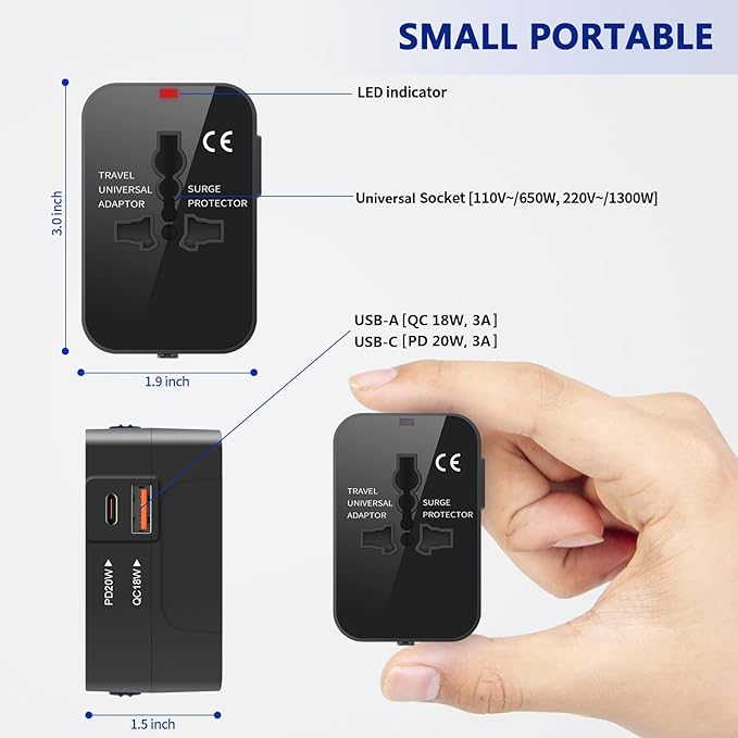 Universal Travel Adapter with 3.0A PD USB-C & QC USB-A Ports, Fast Charging International Plug Adapter, Worldwide Wall Charger AC Power Plug Converter Adaptor for US to EU UK AUS Asia