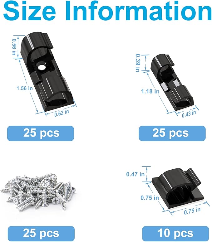 Cable Management Clips Black (Assorted Sizes, 60 PCS), Adhesive Cord Organizer for Wall, Upgraded Wire Holder Electric Wires, LED Light, Dash Cam, HDMI, Power Cable, M&L