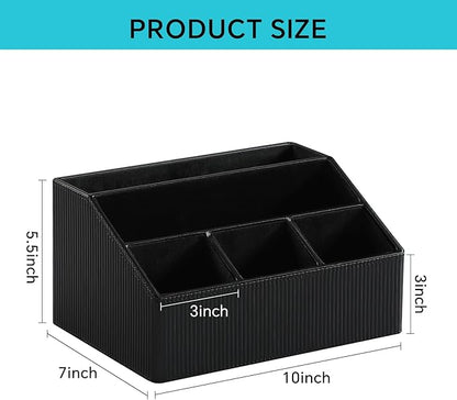 Remote Control Holder with 5 Compartments for Office Art Supplies, PU Leather Nightstand Organizer Pencil Pen Desk Caddy for Home, Desktop TV Remote Control Organizer Storage (Striped Black)