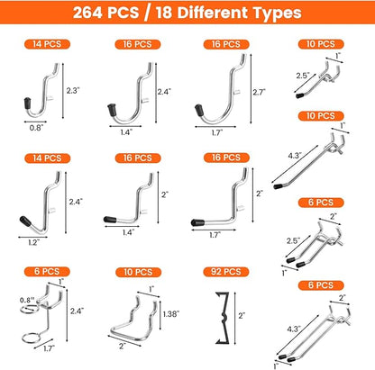 Pegboard Organizer Accessories Kit 264 PCS, Peg Board Hooks Assortment with Bins, Cups, Baskets for 1/4in Pegboard Wall Organizer, Garage Organization, Workbench, Craft Room, Hanging Tools