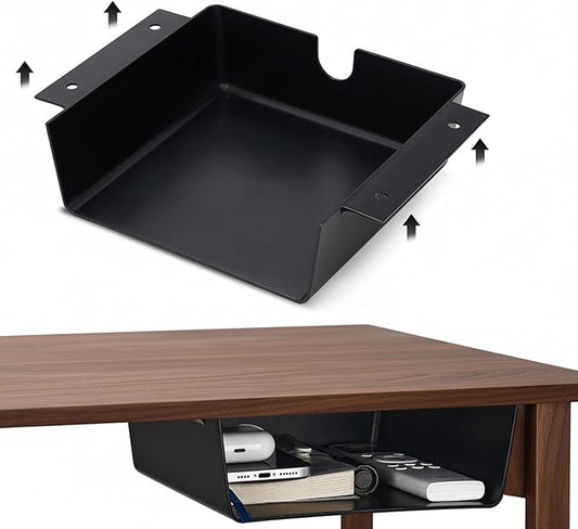 2 Pack Under Desk Hanging Shelf Drawer Organizer, Attachable Plastic Hidden Storage Tray, Easy Adhesive Mount Holder for Standing Tables, Office, Counters, Cabinets, Workstations - Black