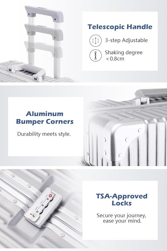 HotWay 3-Piece Luggage Sets with Aluminum Frame, PC Hard Shell Suitcase with Spinner Wheels and TSA Lock, Large Suitcase for Travel, Black