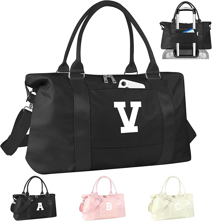 Initial Travel Duffel Bag Sports Gym Bag for Boys Teen Birthday Gifts,Black Personalized Weekender Bag Carry On Tote Bags for Men,Waterproof Overnight Luggage Bag Airplane Travel Essentials(Letter V)