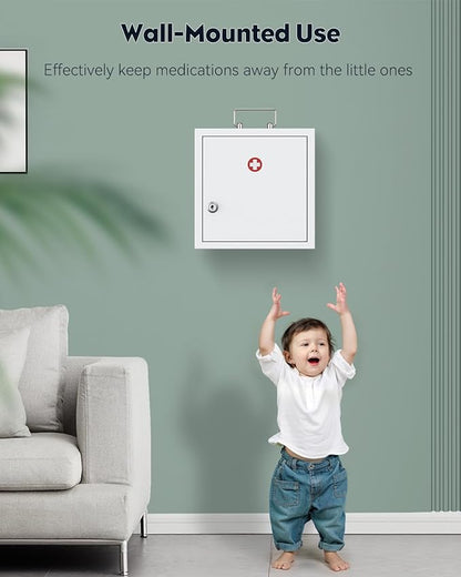 Uniclife Wall Mount Medicine Cabinet with Key Lock & Handle Locking First Aid Cabinet Lockable Medical Cabinet Medium Medicine Organizer Secure Steel Wall Cabinet Metal Storage Box, White