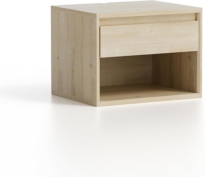 Mid Century Modern Floating Nightstand, Wall Mounted End Table with Drawer and Open Compartment Wooden Bedside Night Stand Small Storage Cabinet for Bedroom, Light Oak