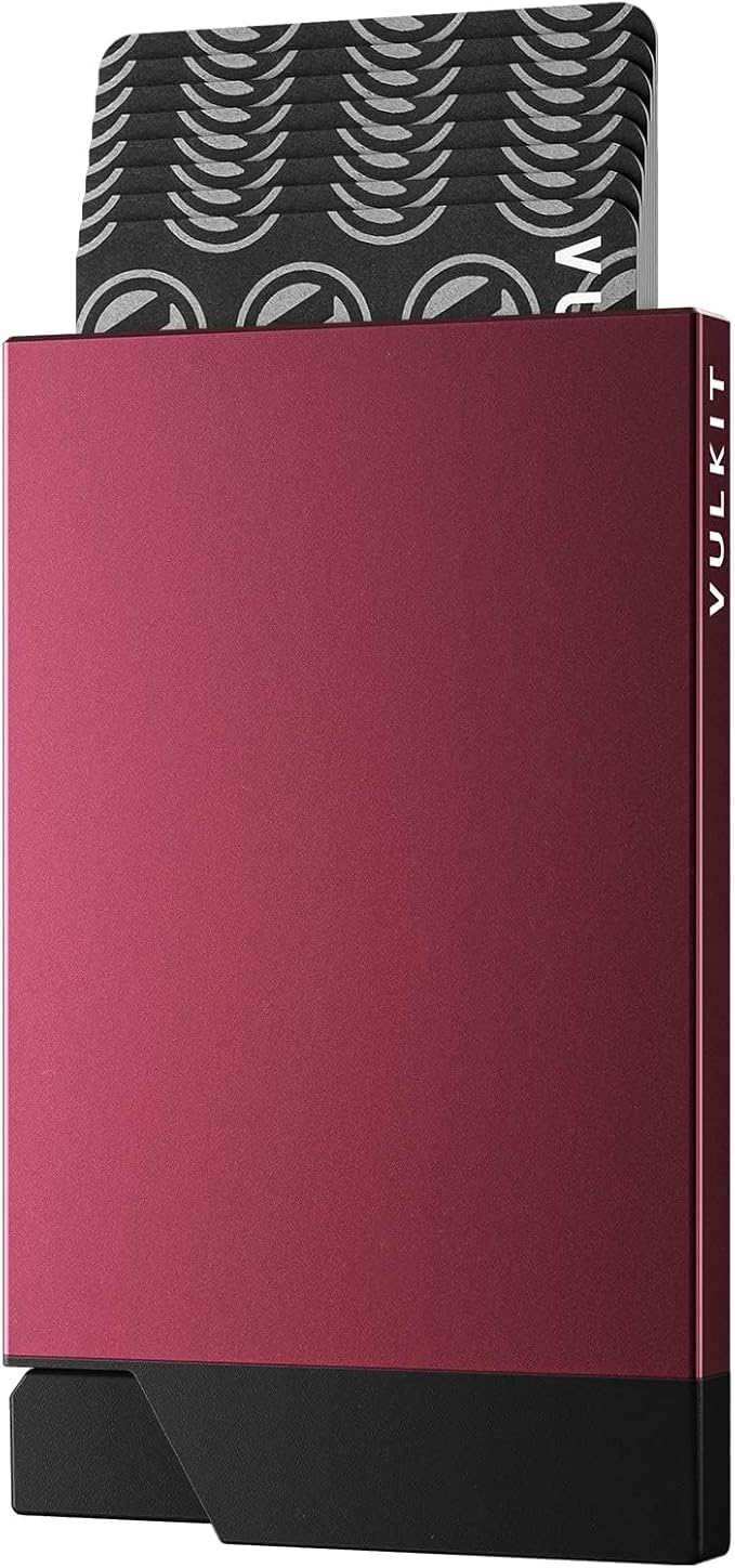 VULKIT Pop up Card Holder Minimalist Credit Card Holder RFID Blocking Slim Metal Card Case for Men or Women(Wine)