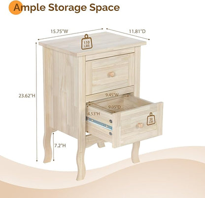 VINGLI Unfinished Solid Wood Nightstand for Color DIY, Small Nightstand for Bedroom, Natural Wood Night Stand with Drawers, Light Wood Night Stand, Real Wooden Bed Side Table/End Table