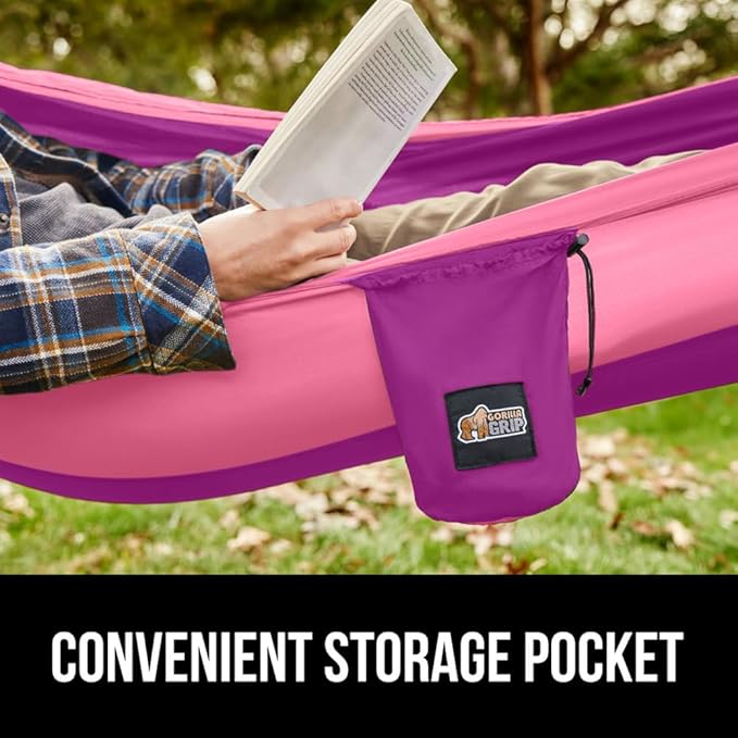 GORILLA GRIP Durable Portable Camping Hammock, Holds 400lbs with Heavy Duty Tree Straps, Comfortable Travel Swing, Camp Hammocks, Easy to Use and Install, Outdoor Essentials, Purple, 9x4.5 FT