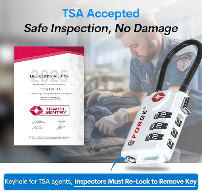 Forge TSA Approved Cable Luggage Locks, Re-settable Combination with Alloy Body(White 2 Locks)