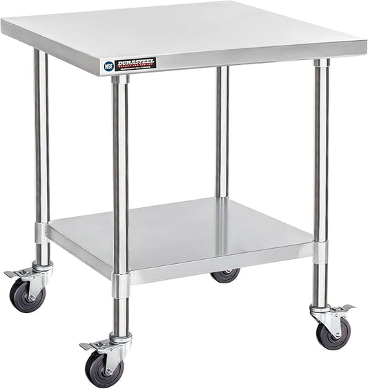 DuraSteel 30x30 NSF Stainless Steel Cart Work Table - Heavy Duty Rolling Food Prep Table Countertop Island - Metal Utility Cart on Wheels Caster, Grill Stand Storage Outdoor Kitchen Tables Bar Top