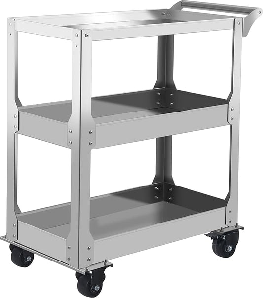 3-Tier Stainless Steel Utility Cart, 1000lbs Capacity with 360° Locking Casters, Heavy-Duty Rolling Cart for Garage, Workshop, Warehouse & Kitchen - Silver